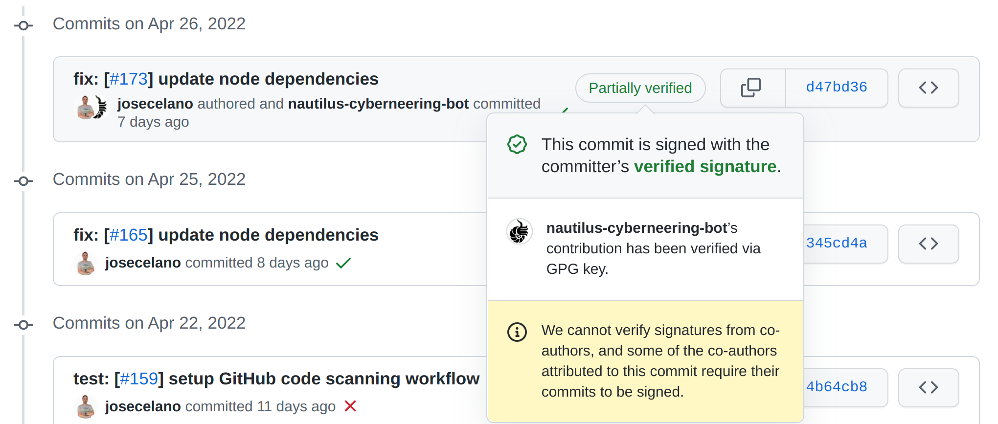 Commit with partially verified signature